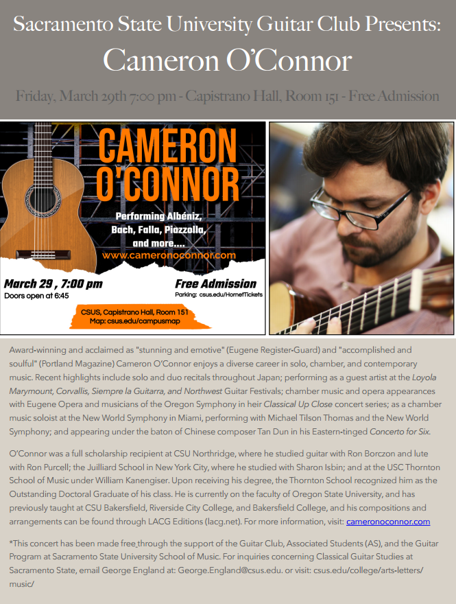 SacGuitarSoc's tweet photo. The Sacramento State University Guitar Club Presents Cameron O'Connor on Friday, March 29th at 7pm in Capistrano Hall room 151. Admission is free. https://t.co/85rqAKnhJW