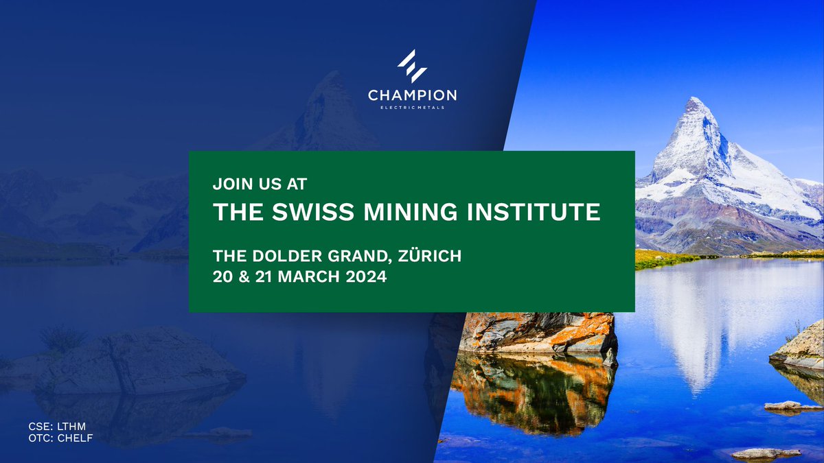 Champion Electric Metals will be participating at the Swiss Mining Institute! Join us for 1x1 meetings and to hear Jonathan's presentation on Mar 20, 9:00 am CET. Register at buff.ly/3wXNqKR to attend. #Mining #Investment #Lithium #Cobalt #BatteryMetals $LTHM.C $CHELF