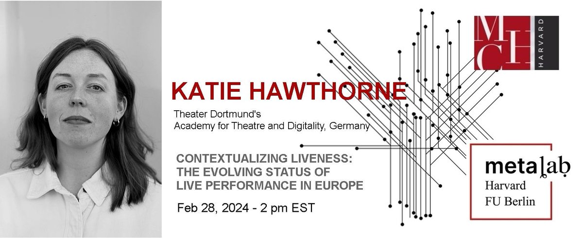 metalabharvard's tweet photo. 🎭 💻 TOMORROW! March 20 ⚡ KATIE HAWTHORNE of Dortmund’s Academy for Theatre & Digitality will give an online talk on Contextualizing Liveness: The Evolving Status of Live Performance in Europe.' #digitality #liveness #hybridtheatre REGISTER
🔽 🔽 🔽
https://t.co/N5Kx7ZhmiL https://t.co/uUCYEythhv