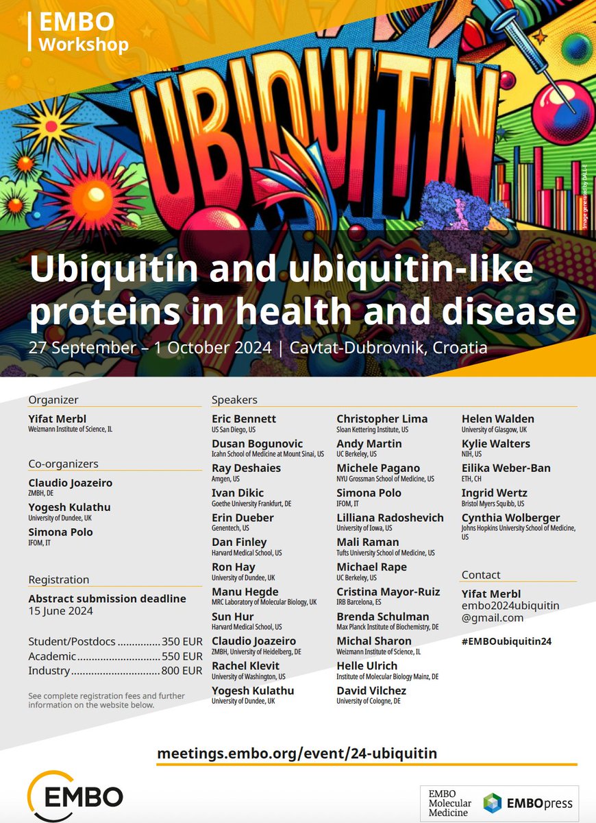 📢📢📢 SAVE THE DATE! Join us for the @EMBO Workshop on 'Ubiquitin and ubiquitin-like proteins in health and disease', 27th September – 1st October 2024, in Cavtat-Dubrovnik, Croatia. #emboubiquitin For more information and registration: meetings.embo.org/event/24-ubiqu… Please share 🙏