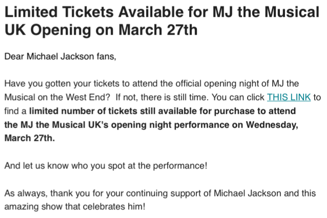 UK MJFam, there are a limited amount of tickets still available for the official opening night of #MJtheMusicalUK.  Please click here if interested.  michaeljackson.us12.list-manage.com/track/click?u=…