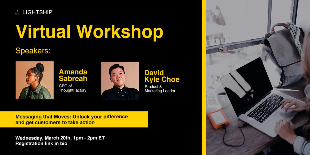 🌟 Unlock your difference at Lightship's #VirtualWorkshop! 👩🏽‍💻 Join us as we dive into the art of crafting compelling messages that captivate your audience & make your message stand out in a crowded market. ✨ Tomorrow's workshop 'Messaging that Moves' begins at 1pm EST! 💥 RSVP