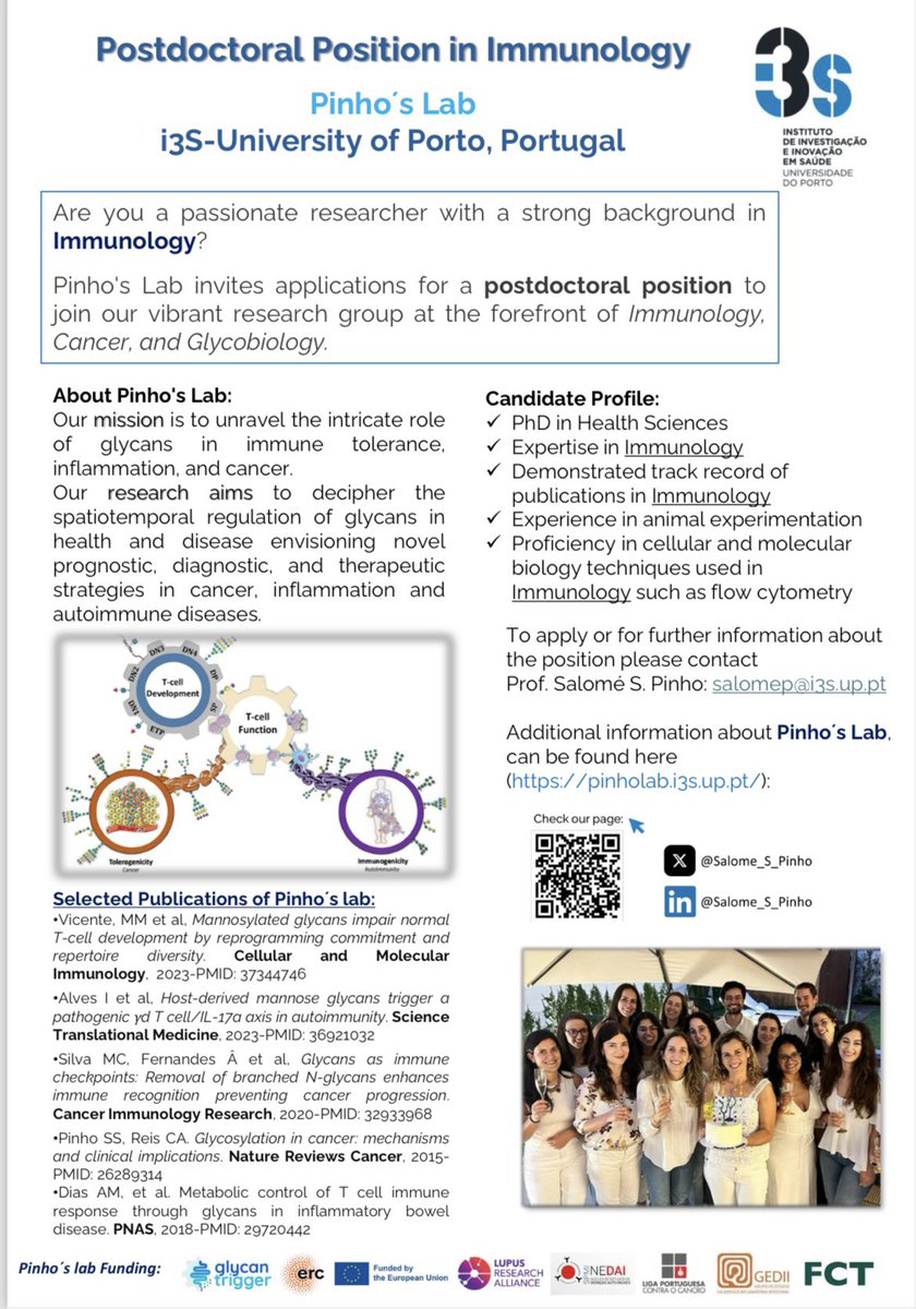 Are you a passionate researcher with a strong background in Immunology?
We are inviting applications for a Post-Doc position to join our vibrant research group at the forefront of Immunology, Cancer & Glycobiology!
#glycotime @i3S_UPorto #Immunology #postdoc
Apply ⬇️