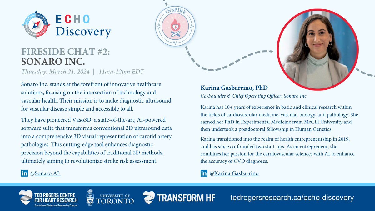 All are welcome to join us THIS THURSDAY for an #ECHODiscovery Fireside Chat with Dr. Karina Gasbarrino, Co-Founder & COO at Sonaro — a startup with a mission to make #CVD diagnostic ultrasound simple and accessible to all. Register: buff.ly/2P5Ju5g