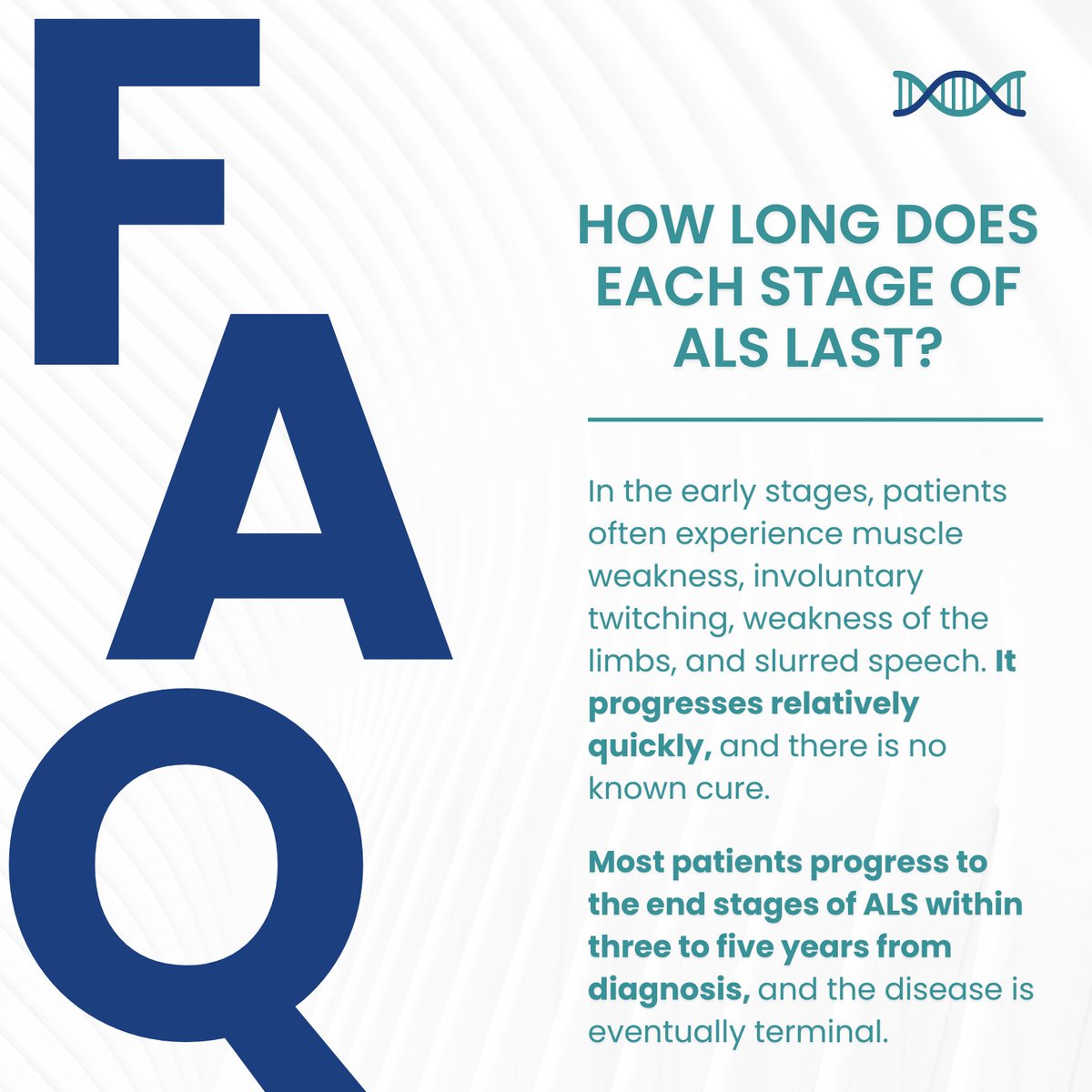 How long does each stage of ALS last? ⏳ Most patients progress to the end stages of ALS within three to five years from diagnosis, and the disease is eventually terminal. Read more ALS FAQs: targetals.org/faq/ #ALS #ALSFacts #ALSFAQ