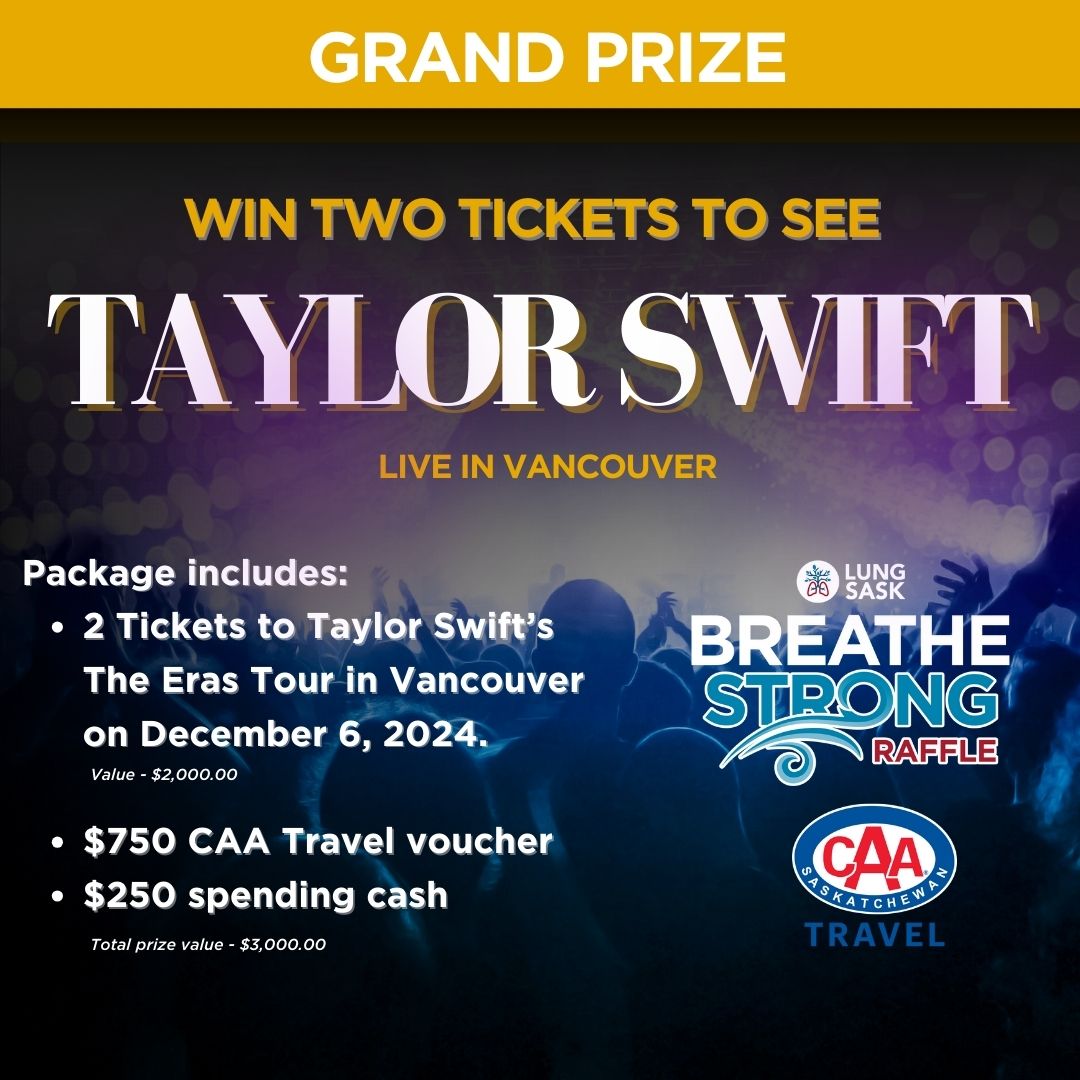 #BreatheStrongRaffle 🎤 Taylor Swift's concert 🗽 NYC Getaway ⚾ Minneapolis Trip - catch the Blue Jays 🎶 Groovy Summer Sounds 🌞Ultimate Backyard Paradise 🏕️Sask-tantastic Adventure - Blackstrap Glamping 💰 & MORE! BreatheStrong.ca Lottery License # LR23-0143