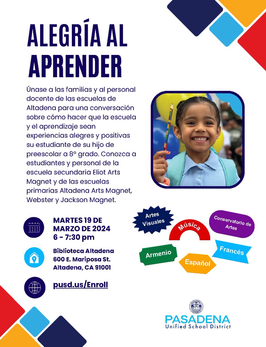 How do you choose the best school for your family? Join us from 6 p.m. to 7:30 p.m. TONIGHT Tuesday, March 19 for a conversation with #Altadena students, parents, and faculty and discover the many options for your pre-K to 8th grade student. #pusd