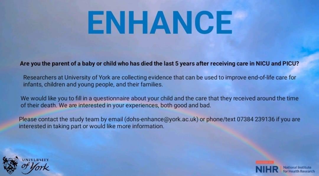 <a href="/UoYppcrg/">UoYppcrg</a> are looking for bereaved parents to help them with research about their experiences of their child's care around the time of their death in PICU or NICU to inform future policy and service development in Children's Palliative Care.  

If you can help, details below.