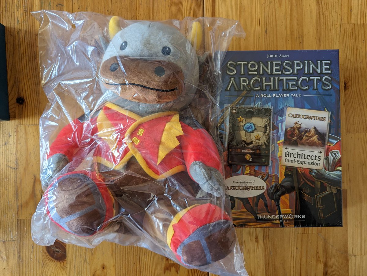 MerryMarried's tweet photo. Another @Kickstarter arrival today. This time it's Stonespine Architects from @thunderworksgam. I did not realize the plush was going to be that big. Very impressive! #boardgames #rollplayer https://t.co/VPwWnmcW29