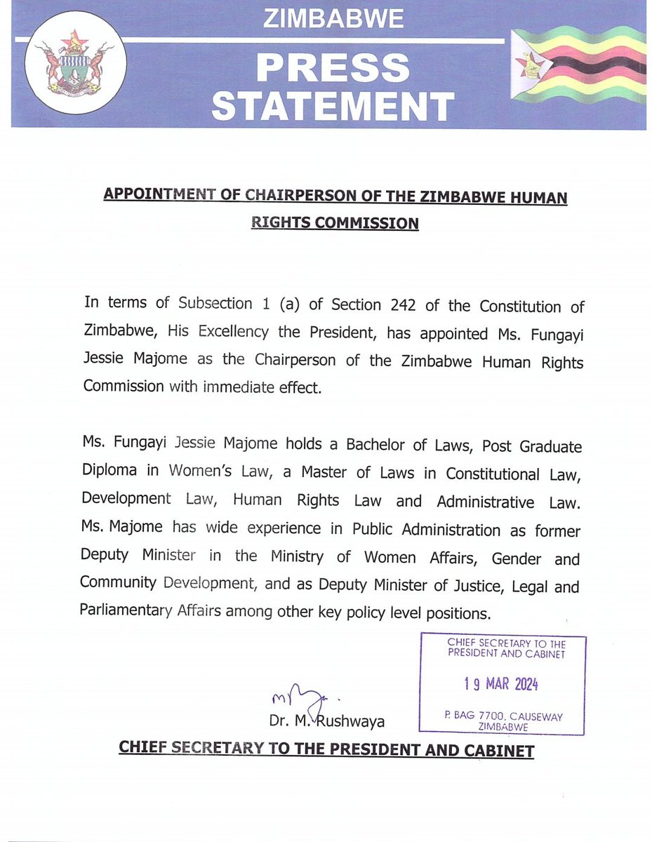 President @edmnangagwa's appointment of a former opposition MP as Chairperson of the Zimbabwe Human Rights Commission (ZHRC) is an encouraging sign of the President's commitment to impartiality & inclusivity. By selecting someone from outside of his own party, he is demonstrating