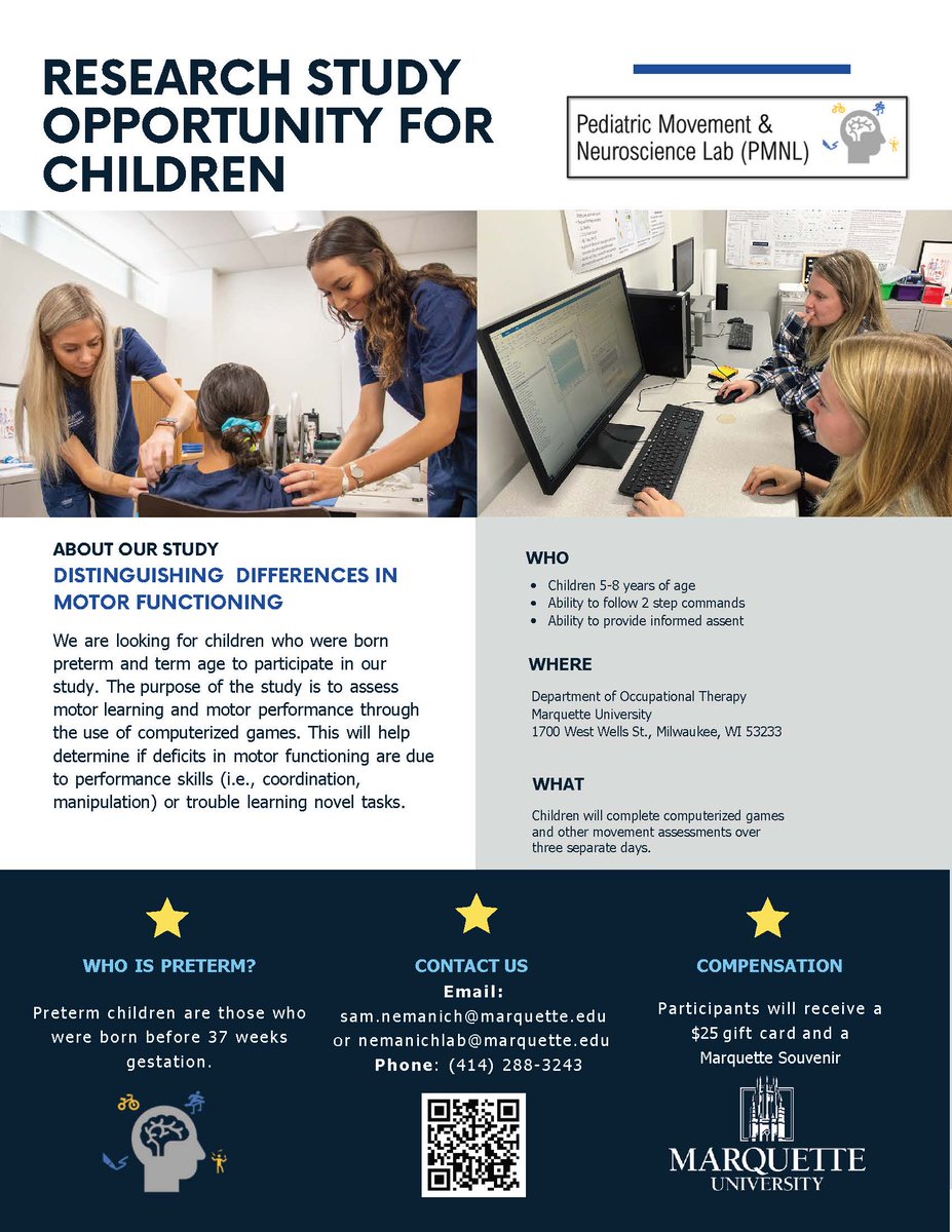 Interested in learning more about your child’s movement &amp; development? Marquette OT is conducting a research study to learn how children learn, remember new movements &amp; how this might be related to premature birth. Looking for children born preterm between the ages of 5 and 8.