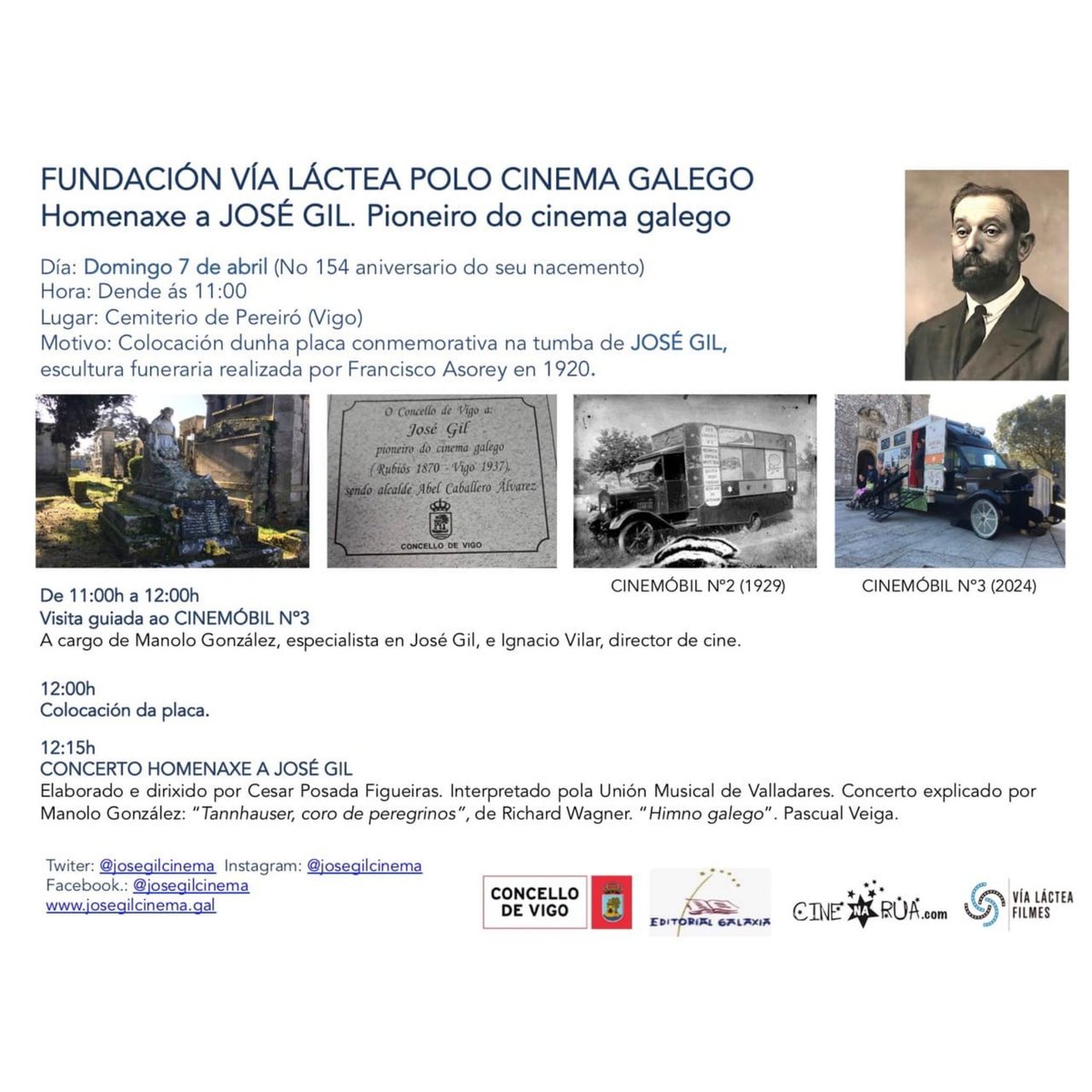Vide á homenaxe a JOSÉ GIL, gran pioneiro do cinema galego. Domingo 7 de abril no cemiterio de Pereiró, en Vigo. Concerto da Unión Musical de Valladares para achegarse á vida de Gil a través da música.
Máis en👇
josegilcinema.gal/homenaxe-a-jos…