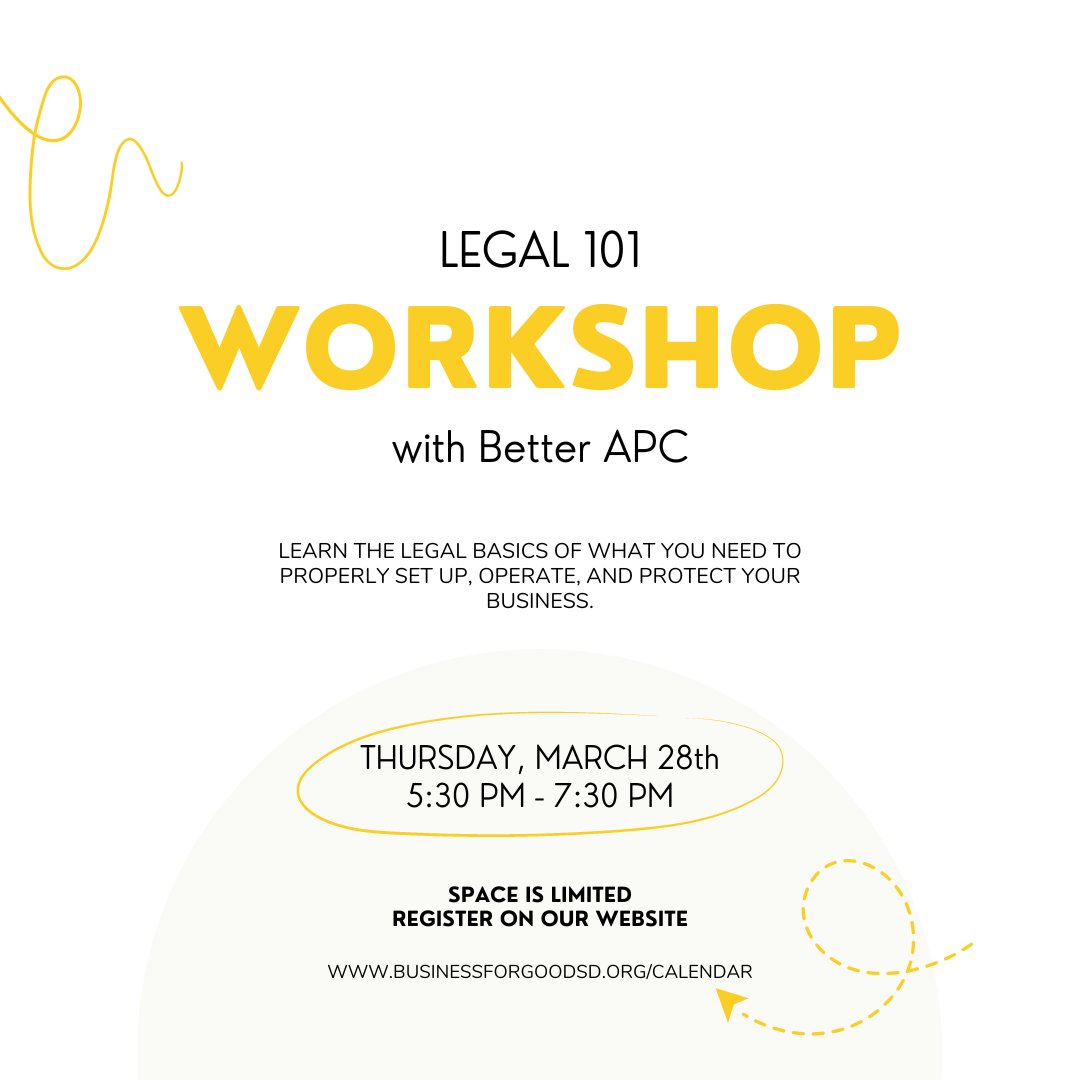 Join BFG for the first installment of our FREE Business Basics workshop series: Legal 101. Seats are limited! Learn more and register on our website:

members.businessforgoodsd.org/calendar/Detai…