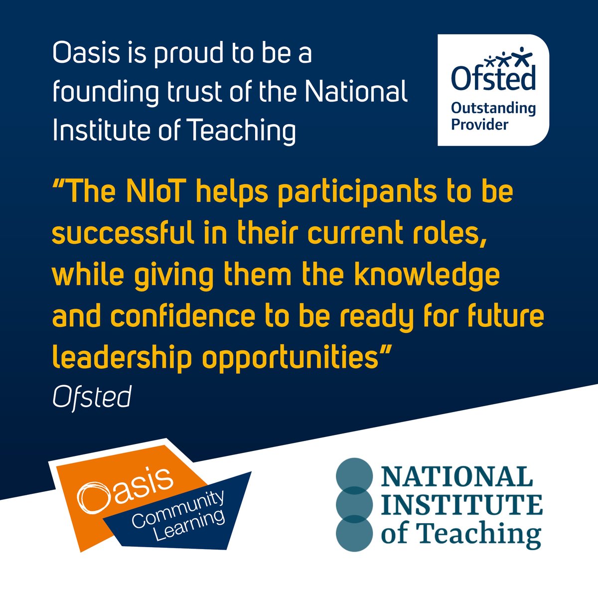 Congratulations to @NatInstTeaching on having the NPQ progammes rated Outstanding by @Ofstednews! We are proud to be a founding trust! Read more here - bit.ly/3IGBIa2 💫