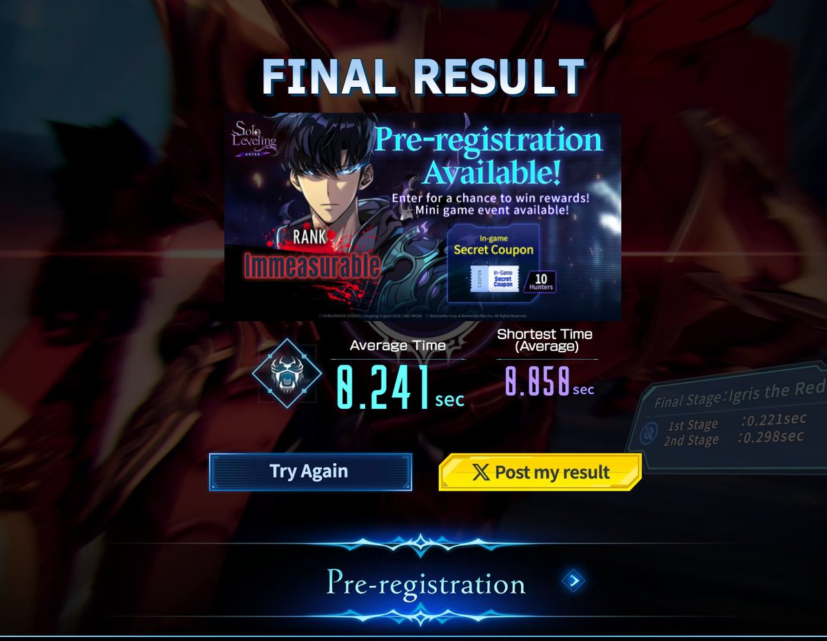 AnthonyAlbert22's tweet photo. Average Time: As a result of 0.241 seconds, You are classified as Immeasurable!
Play the mini game for a chance to win tons of rewards!
#SoloLevelshwing #sololevelingARISE #sla #netmarble
https://t.co/4ftHCzgxFO https://t.co/wJ1FyAAqTN
