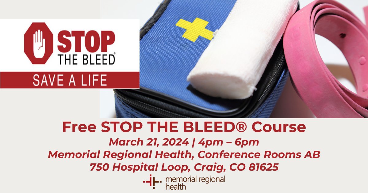 Attention all community members! Don't forget that Memorial Regional Health is hosting a free STOP THE BLEED® course this Thursday (March 21). Space is limited and registration is required by emailing Sarah: sarah.moore@memorialrh.org or Megan: megan.otoole@memorialrh.org.