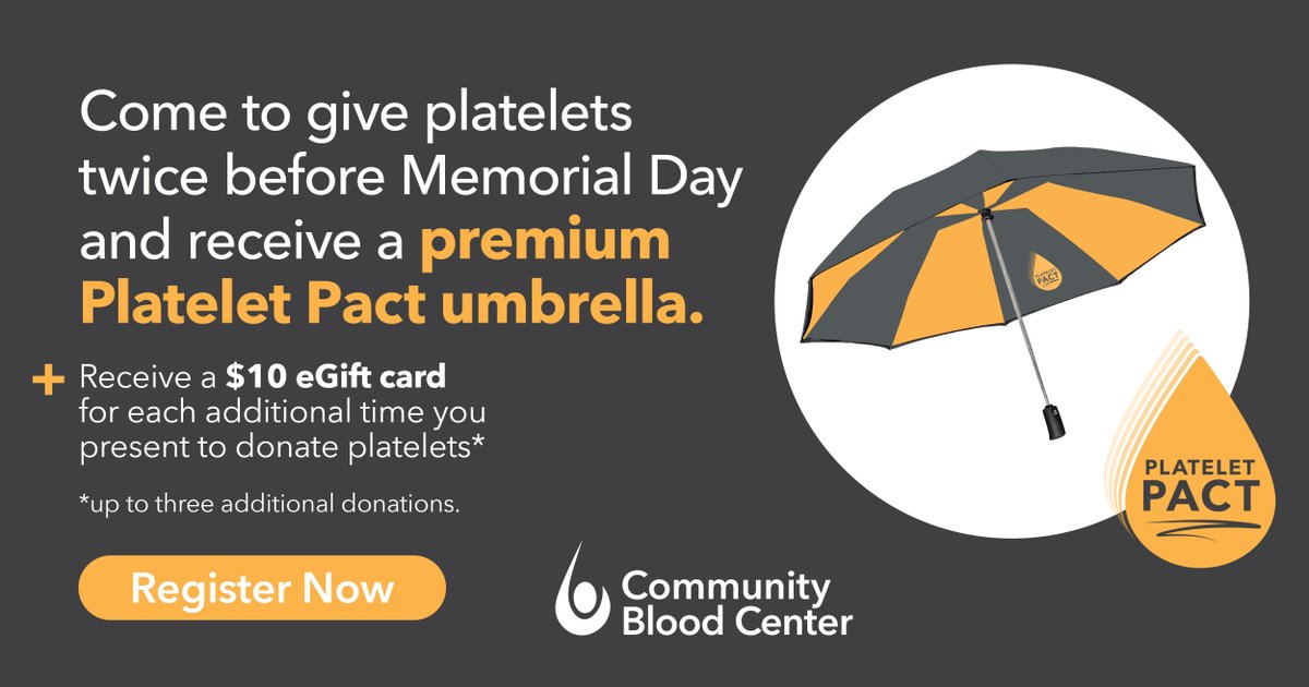 Present to donate platelets twice before Memorial Day and get a premium Platelet Pact umbrella! Plus, receive a $10 gift card for each additional donation up to three times! Registration is required: bit.ly/3v9Qq6u