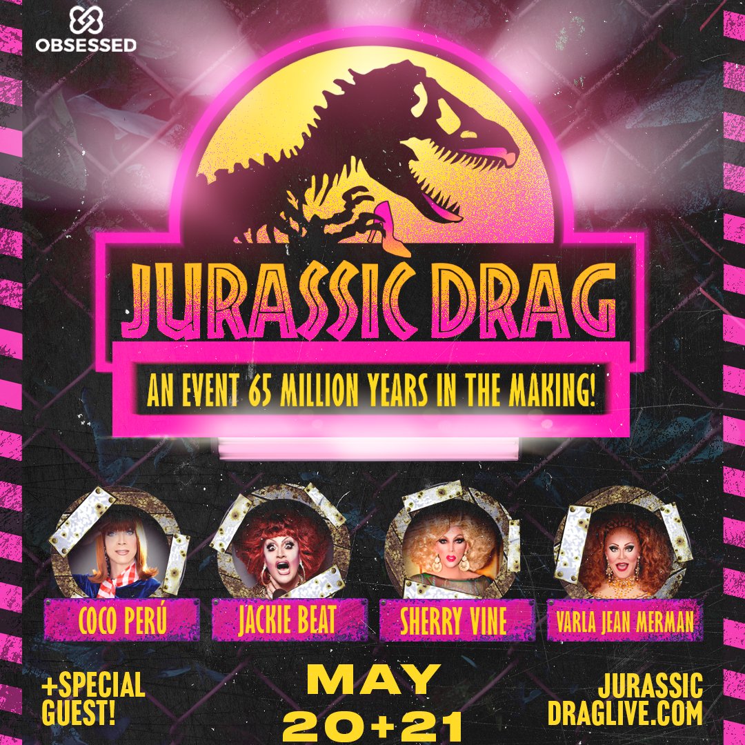 We're so excited to announce that we'll be in #SanFrancisco for an amazing show with absolutely iconic drag legends @JackieBeat, #SherryVine, #CocoPeru, and @VarlaJeanMerman! Presale starts Thursday (3/21). Sign up for presale at jurassicdraglive.com