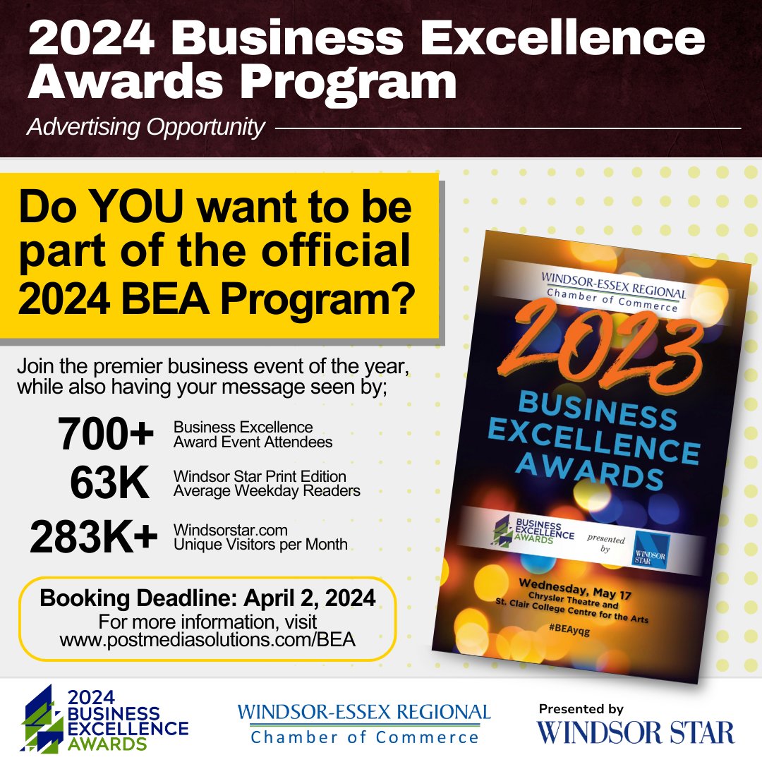 Be a part of the <a href="/WERCofC/">Windsor Essex Chamber of Commerce</a>'s BIGGEST event of the year, and have YOUR message included in the official program of the 2024 BEA, sponsored by <a href="/TheWindsorStar/">The Windsor Star</a>. But act fast - the booking deadline is April 2!

For more info, visit bit.ly/49R3hcI

#BEA2024 #WindsorBusiness