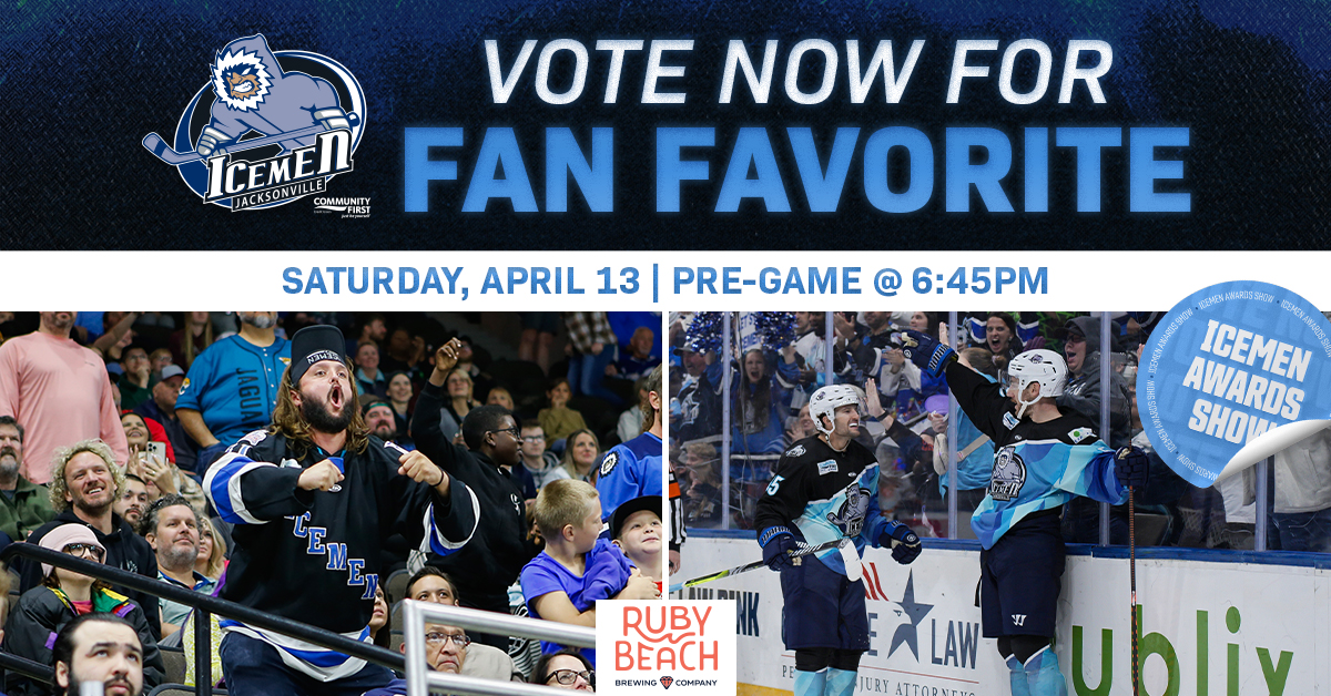 JaxIcemen's tweet photo. Who is your favorite player? Voting for the Fan Favorite is open until Wednesday, March 27 at 5:00pm. Join us for the pre-game Award Show, presented by @rubybeachbeer on Saturday, April 13 to see if your favorite player won! 🏆 
-
Vote Now ➡️ https://t.co/w9tC1YmgFW https://t.co/7NewjuIHwr