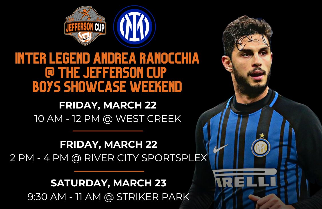 Andrea Ranocchia will be making a special appearance at the Jefferson Cup Boys Showcase Weekend! Don't forget to stop by for a meet and greet session and snap a photo with Inter's SuperCopa cup! 📸🇮🇹 #InterMilan #JeffersonCup