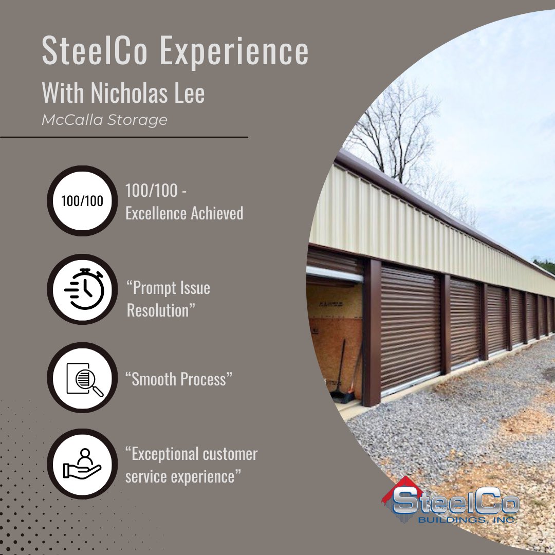 SteelCoBldgs's tweet image. Another happy customer alert at SteelCo Buildings! Nicholas Lee from McCalla Storage shared his outstanding experience with us, rating his journey to a perfect 💯! 

#SteelStorage #StorageBuilders #MiniStorage #SelfStorage #SelfStorageBuilders #MiniStorageBuilders