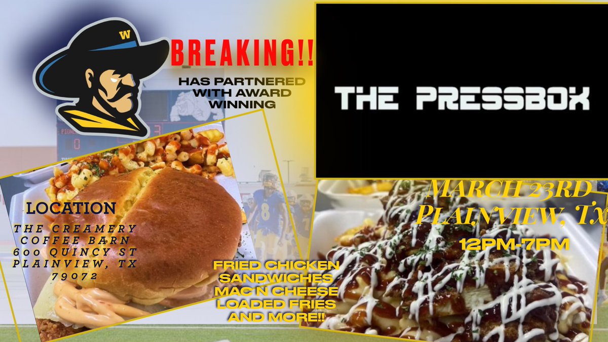 ‼️MARK YOUR CALENDARS‼️
We have been blessed to do something MAJOR! We have the opportunity to partner with the highly respected, award winning food trailer “The Pressbox” based out of New Mexico. It will be here in Plainview Texas. You don’t want to miss it 🤤