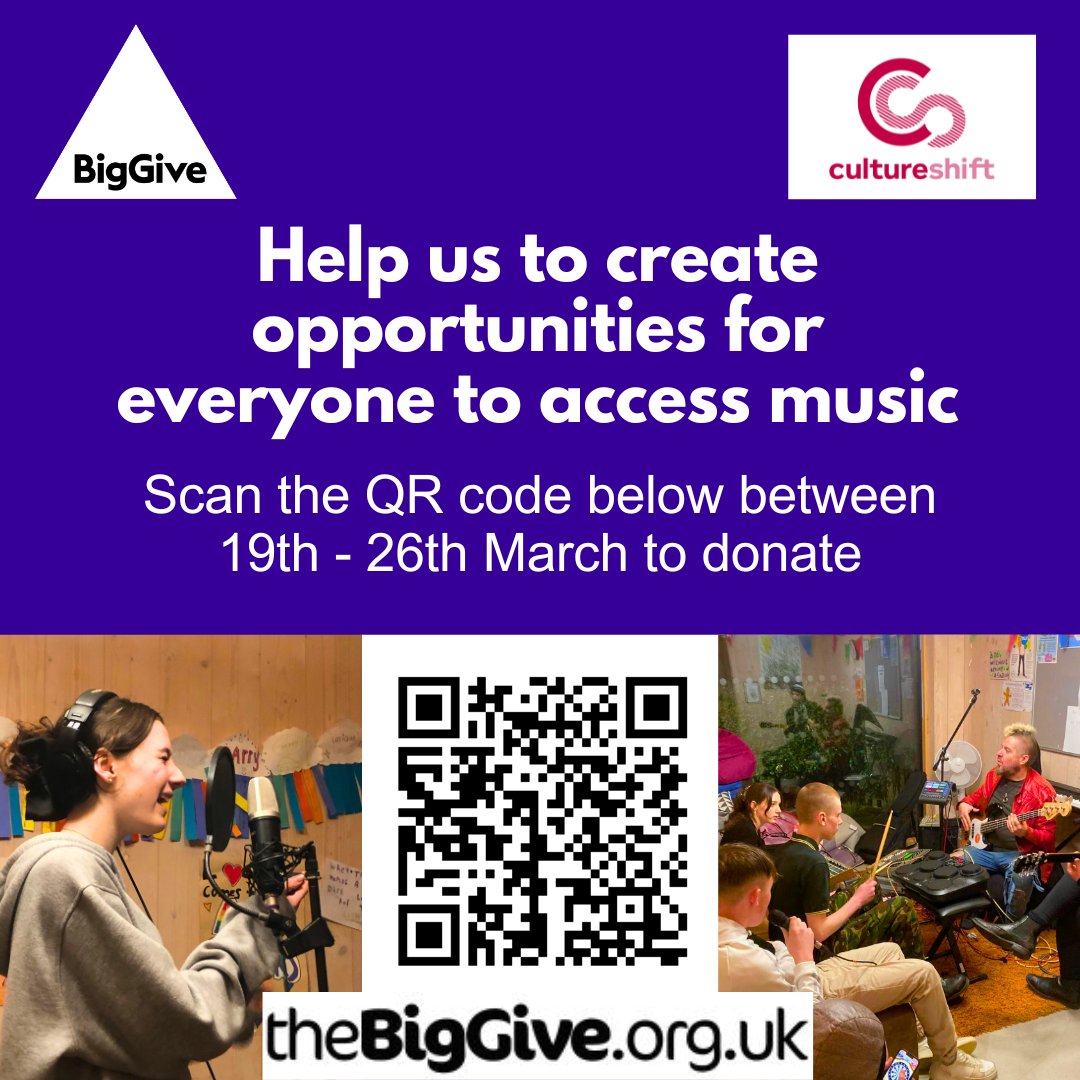 For the next week we are asking everyone to support our <a href="/BigGive/">Big Give</a> Campaign. Donations will be used to support the delivery of Voices from the Edges, a free music programme for young underrepresented artists 

Please scan the QR code or follow this link:
donate.biggive.org/campaign/a0569…