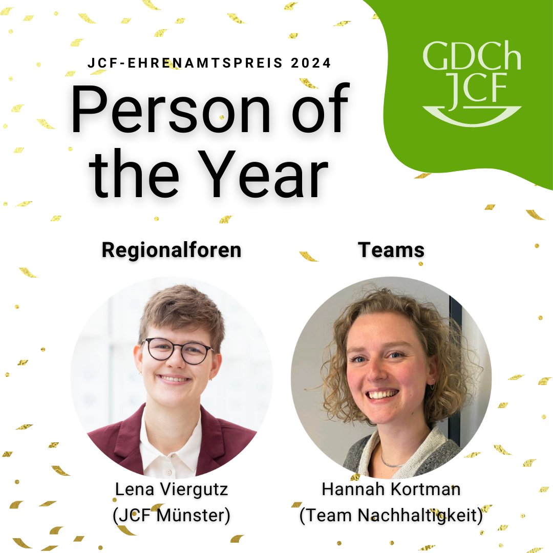 Mit dem Ehrenamtspreis Person of the Year ausgezeichnet wurden Lena Viergutz aus dem JCF Münster für ihre Arbeit im Regionalforum und Hannah Kortman aus dem Team Nachhaltigkeit. Die JCF-Mitglieder haben gewählt und auf dem FIT in Ulm wurden die Preisträgerinnen bekannt gegeben.🏆
