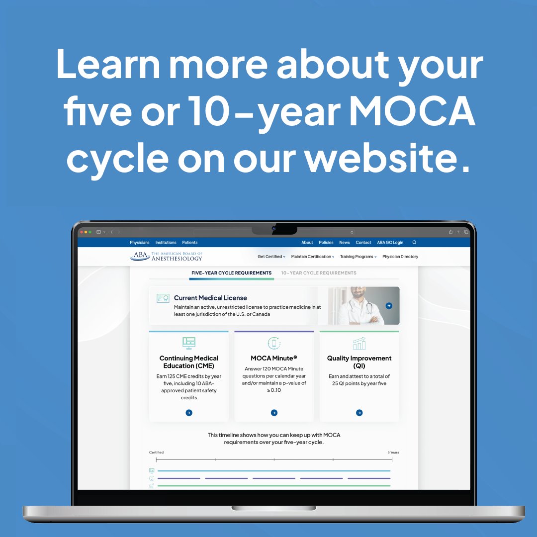 New look, same great info! We updated our website to provide board-certified anesthesiologists with specific information regarding their five-year or 10-year MOCA cycles. Not sure what cycle you're on? Check here: loom.ly/RLR15BE #theABA #MOCA #ContinuingCertification