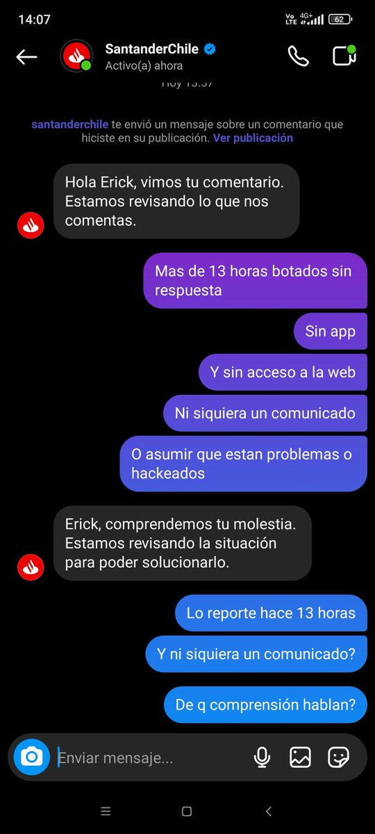 erickaros's tweet photo. Mas de 13 horas botados y no siquiera un comunicado, de que estamos hablando? @santanderchile @rodrigosepu https://t.co/7f4SlKHtD3