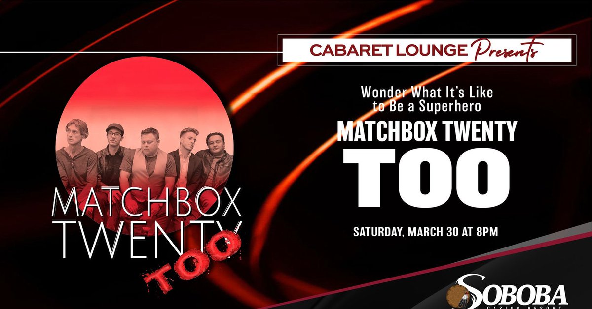 MatchboxTwentyT's tweet photo. We're excited to add a new casino to our list, Soboba Casino, March 30th, 8:00pm - 9:30pm, at the Cabaret Lounge. https://t.co/daS2naSzGD