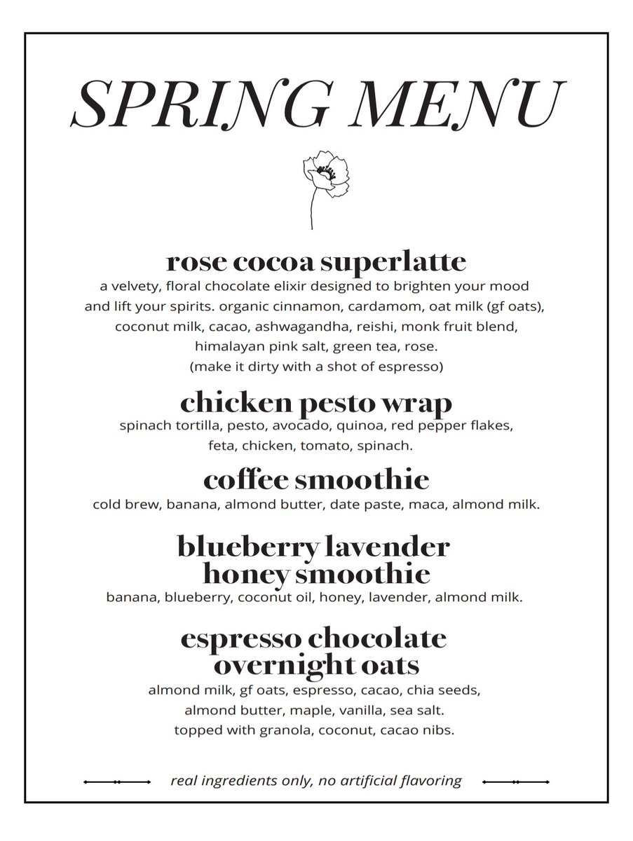 Cafe__Botanica's tweet image. Our New Spring Menu is here at Cafe Botanica! Indulge in Rose Cocoa Superlatte, Chicken Pesto Wrap, Coffee Smoothie, Blueberry Lavender Honey Smoothie, and Espresso Chocolate Overnight Oats. Visit us today for a taste of spring! 🌿🍽️ #CafeBotanica #SpringMenu