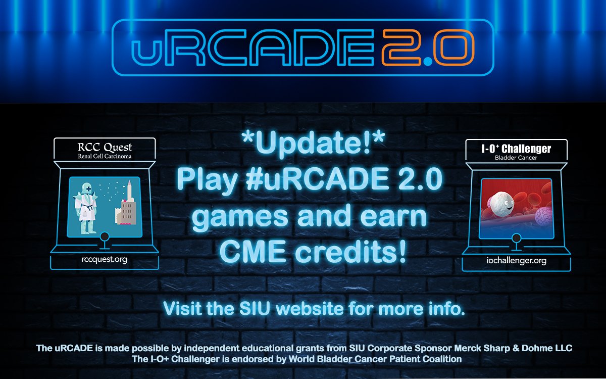 SIU_urology's tweet photo. Exciting news! You can now earn CME credits by playing the RCC Quest and I-O+ Challenger on SIU’s #uRCADE. 

Players earn 1 credit per hour played, so make sure to keep testing your knowledge until you make it to the top of the leaderboard!  

More info: https://t.co/zmINGFXPRe  

@pcvblack @ttodenhoefer @kalasri3 @TiansterZhang