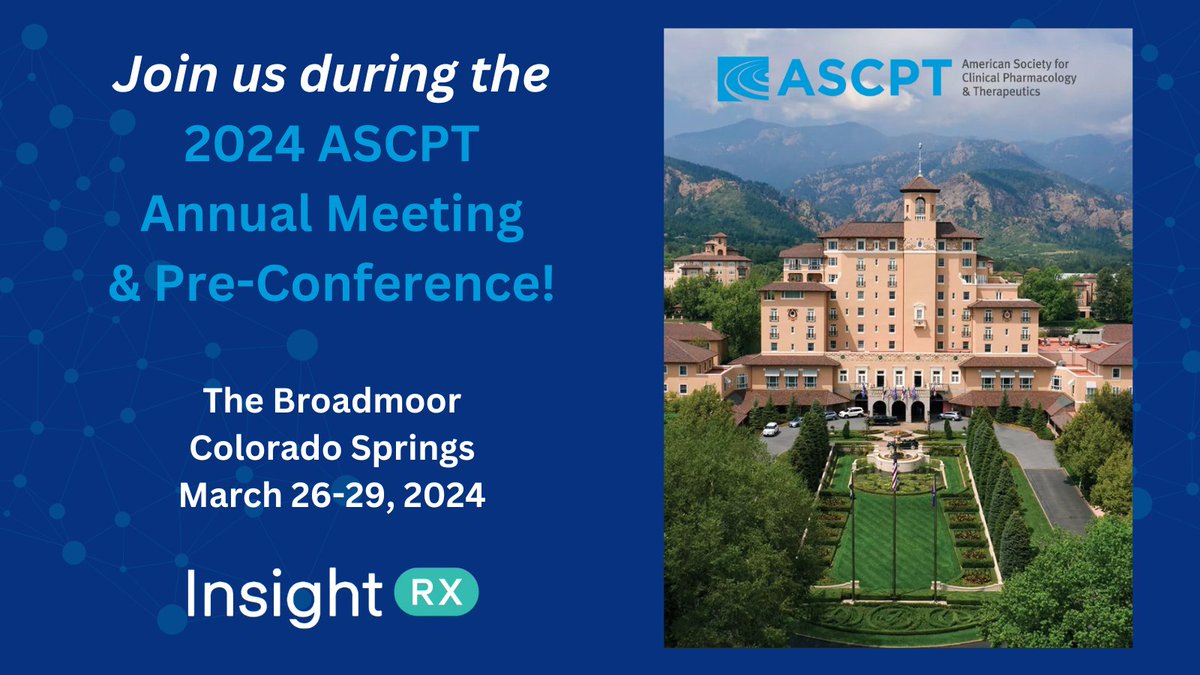 InsightRX's tweet photo. The InsightRX team is looking forward to the meeting & pre-conference sessions during @ASCPT_ClinPharm Annual Meeting, March 26-29, at the Broadmoor in Colorado Springs!
https://t.co/dCThUlV9S2 | #ClinicalPharmacology #Therapeutics #PrecisionMedicine #PrecisionDosing #ASCPT2024 https://t.co/oQZDs8SyLw