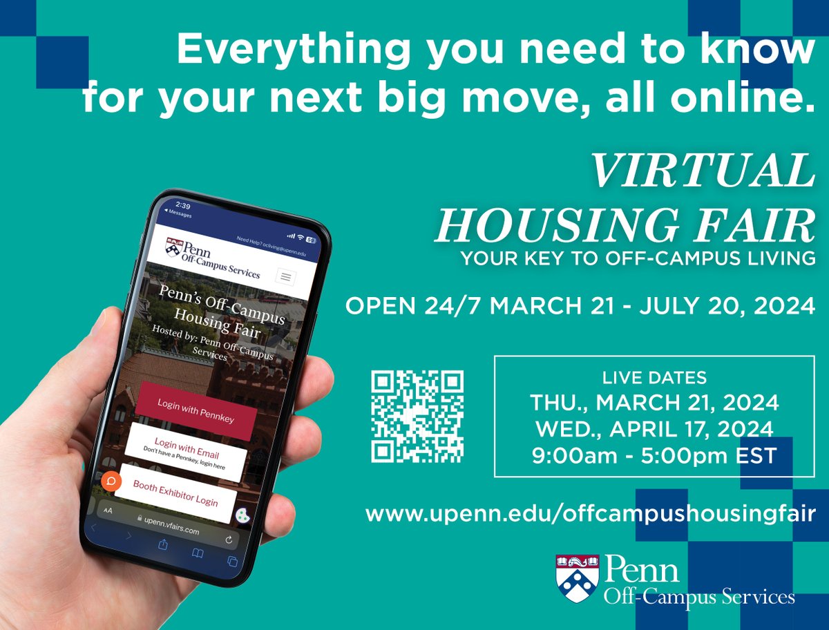Off-Campus Service's Virtual Housing Fair will be opening this week on Thursday, March 21. This fair is a great way to learn more about Penn departments and local housing options. 

To learn more and visit the fair go to: upenn.vfairs.com