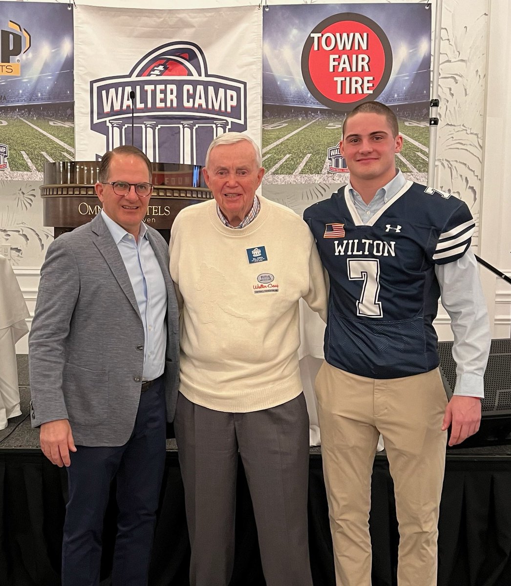 Wilton_Football's tweet photo. Wilton Football represents! Congrats to Sr. DE and co-captain @owentheo7 &amp; Sr. LB/OL/RB @ToddWoodring2 on their 1st Team @WalterCampFF team recognition!! Pic of Owen below at the ceremony! #W1lton #cthsfb #warriorfootballfamily https://t.co/wZiT1jYpYg