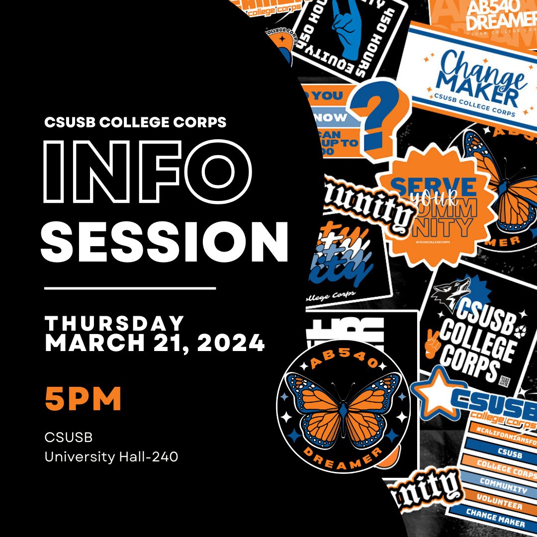 Hey CSUSB full-time students! Are you aware of the College Corps initiative? Join us this Thursday for an informative session at UH-240. Discover all the fantastic program details and learn how to apply! Location: CSUSN UH-240 Time: 5:00 PM