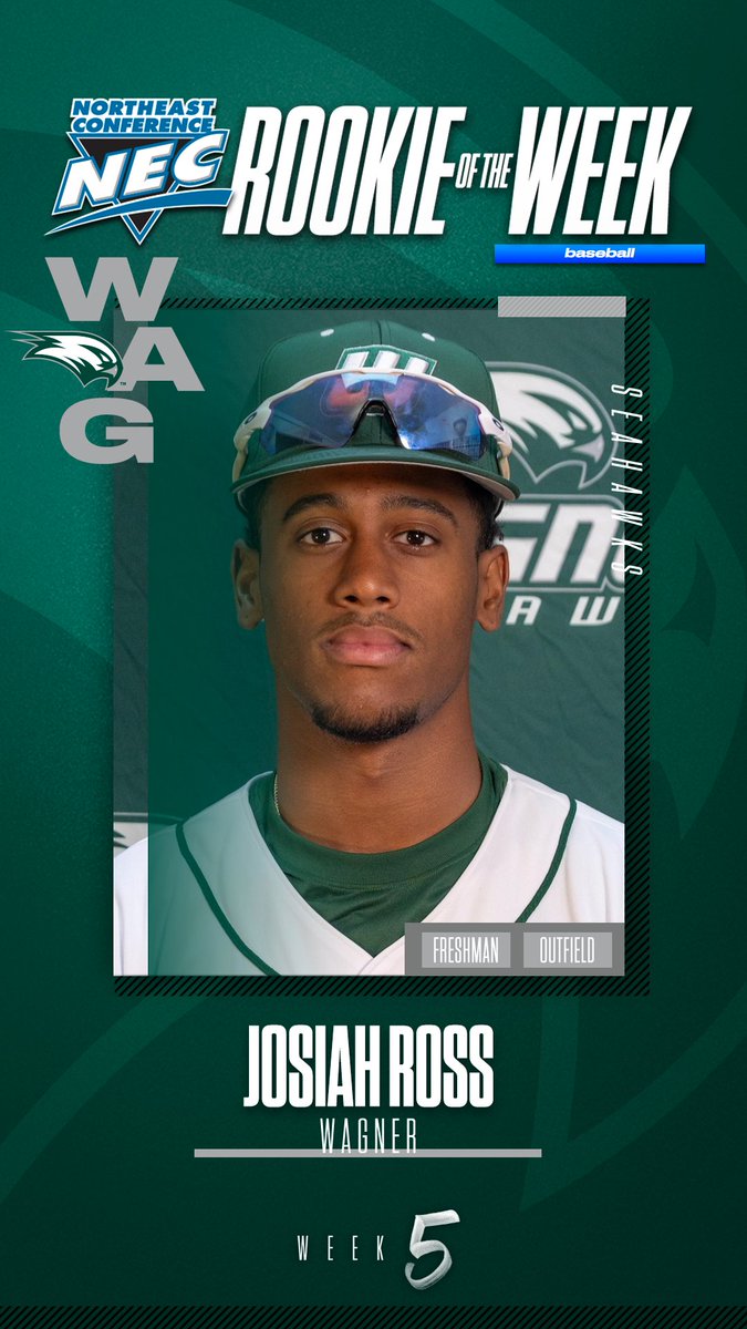 🏅#NECBaseball Rookie of the Week🏅

🧢Josiah Ross, <a href="/WagnerAthletics/">Wagner Seahawks</a> 

✍️Ross scored 11 runs through 5 games while posting a .429/.652/.429 slash. He was walked nine times and stole five bases. He helped lead the Seahawks to a weekend series sweep over Coppin State.