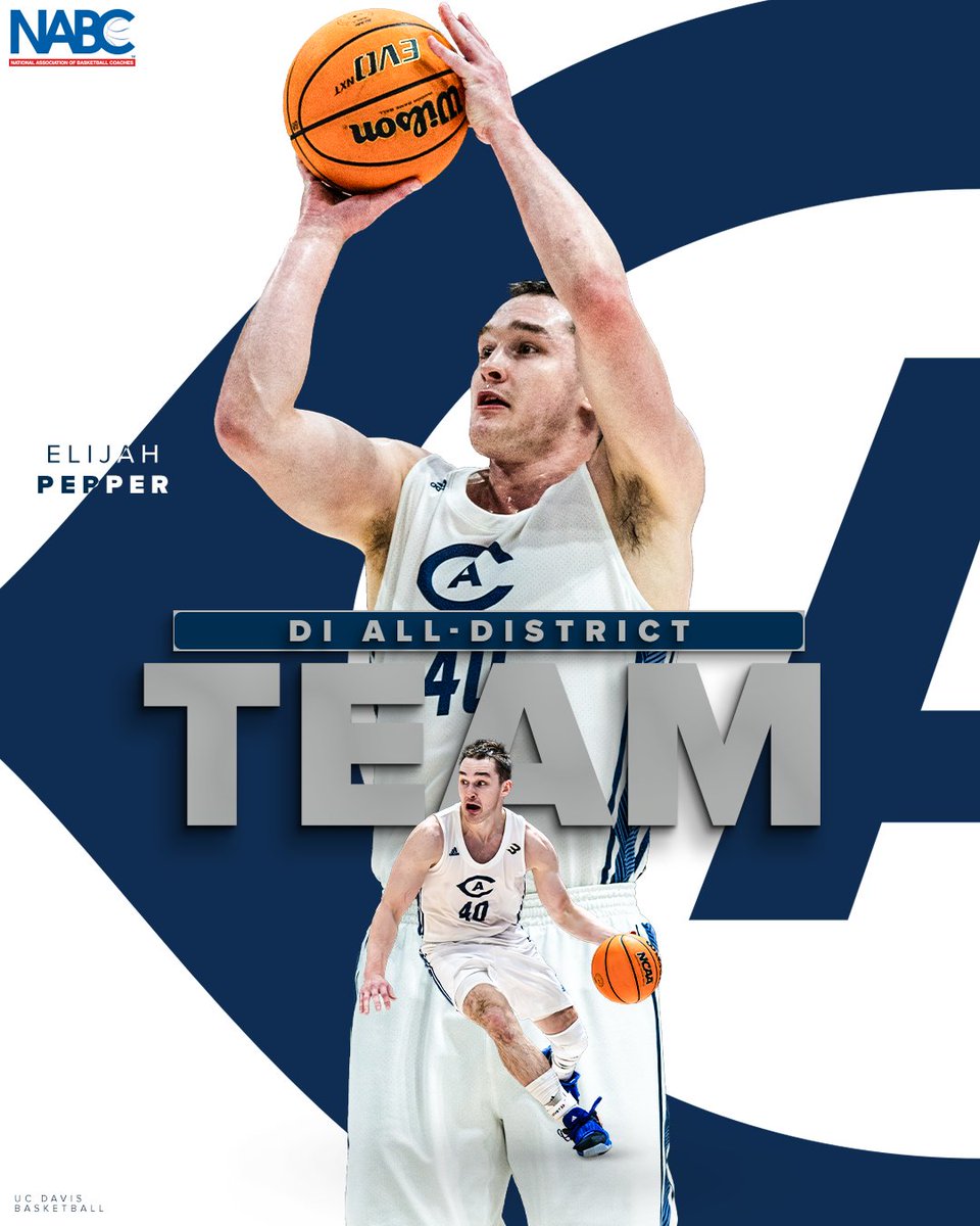 The hardware keeps rolling in for @Elijah_pepper12 👏 Congrats to Elijah Pepper for securing First Team All-District 9 honors from the NABC for the second consecutive season! 🗞️📲: bit.ly/4af3eHi #GoAgs | @ucdavisaggies