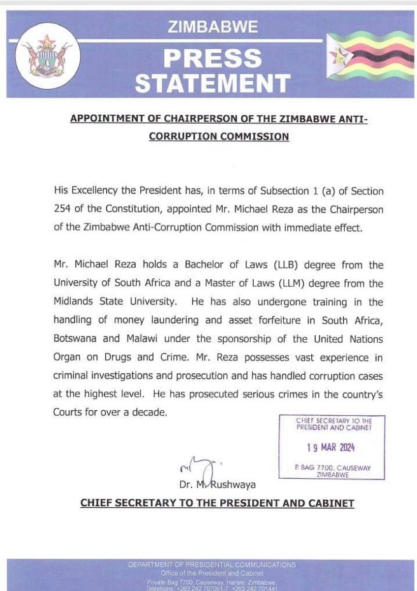 His Excellency President DR ED Mnangagwa has appointed Mr. Michael Reza as Chairperson of Zimbabwe Anti-Corruption Commission