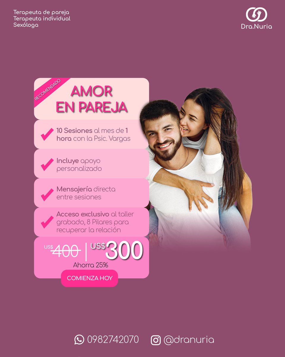 nuriavanegas's tweet photo. ¿Listos para renovar el amor y la conexión en tu relación? 💖 Descubre cómo sanar las emociones y fortalecer los lazos de pareja con nuestro paquete de 10 sesiones ¡obtén un 25% de descuento para dar el primer paso hacia una relación ¡Reserva tu consulta ahora al 0982742070 https://t.co/Jp3qq5pvwp