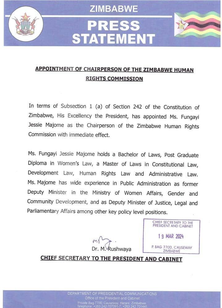 His Excellency President @edmnangagwa has appointed Mr Michael Reza as the Chairperson of the Zimbabwe Anti-Corruption Commission and Ms Fungayi Jessie Majome as the Chairperson of the Zimbabwe Human Rights Commission, with immediate effect.