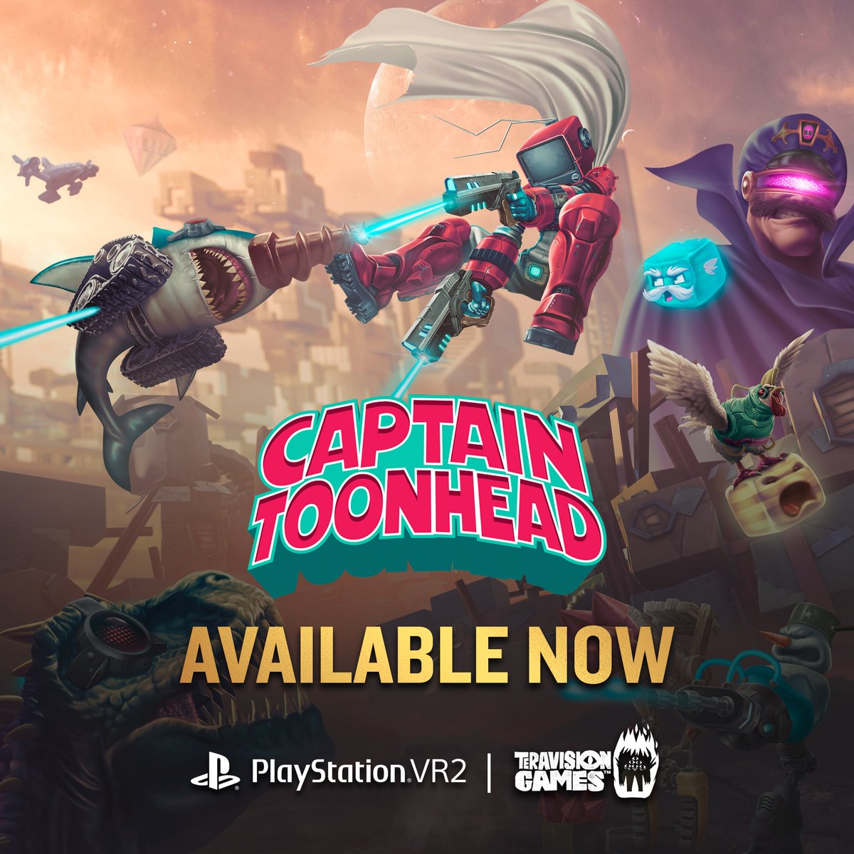 🚨 Captain ToonHead vs The Punks from Outer Space is now live on the @PlayStation Store! Join janitor-turned-hero Elliott as he battles the P.U.N.K. army with insane toonrets - hot sauce lasers, explosive piñatas, blasters & the mighty chancla! Play now on PSVR2!