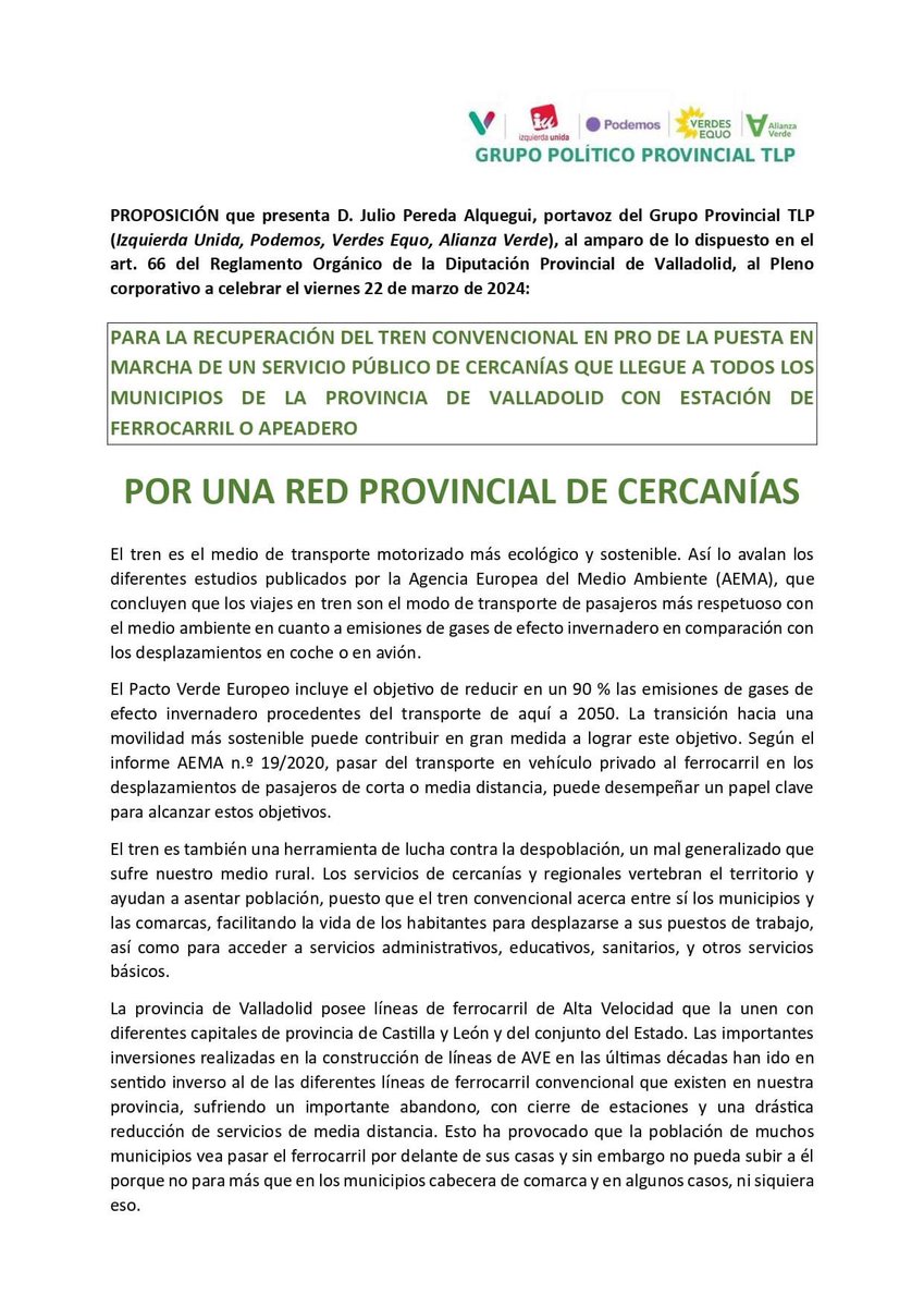 tupuebloTLP's tweet photo. 🚉 Pedimos a @transportesgob tome las medidas necesarias para poner en marcha una red provincial de cercanías que conecte el medio rural de la provincia entre sí, además de con las ciudades de #Valladolid, #Palencia, #Zamora, #Salamanca y #Ávila. https://t.co/1ga802k2wA