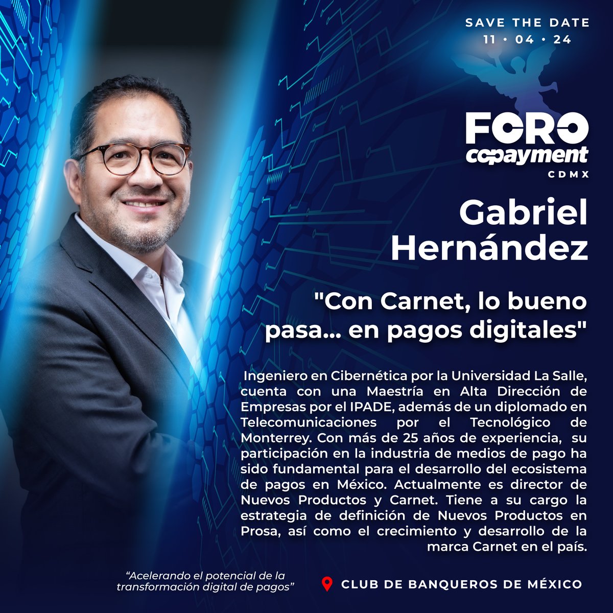 GABRIEL HERNÁNDEZ, estará compartiendo con nosotros el tema: 'Con Carnet, lo bueno pasa... en pagos digitales' 📆 11 de Abril, 2024 📍 Club de Banqueros de México ➡️ Regístrate: foro.copayment.com.mx/#/signup #forocopaymentcdmx @CarnetMx