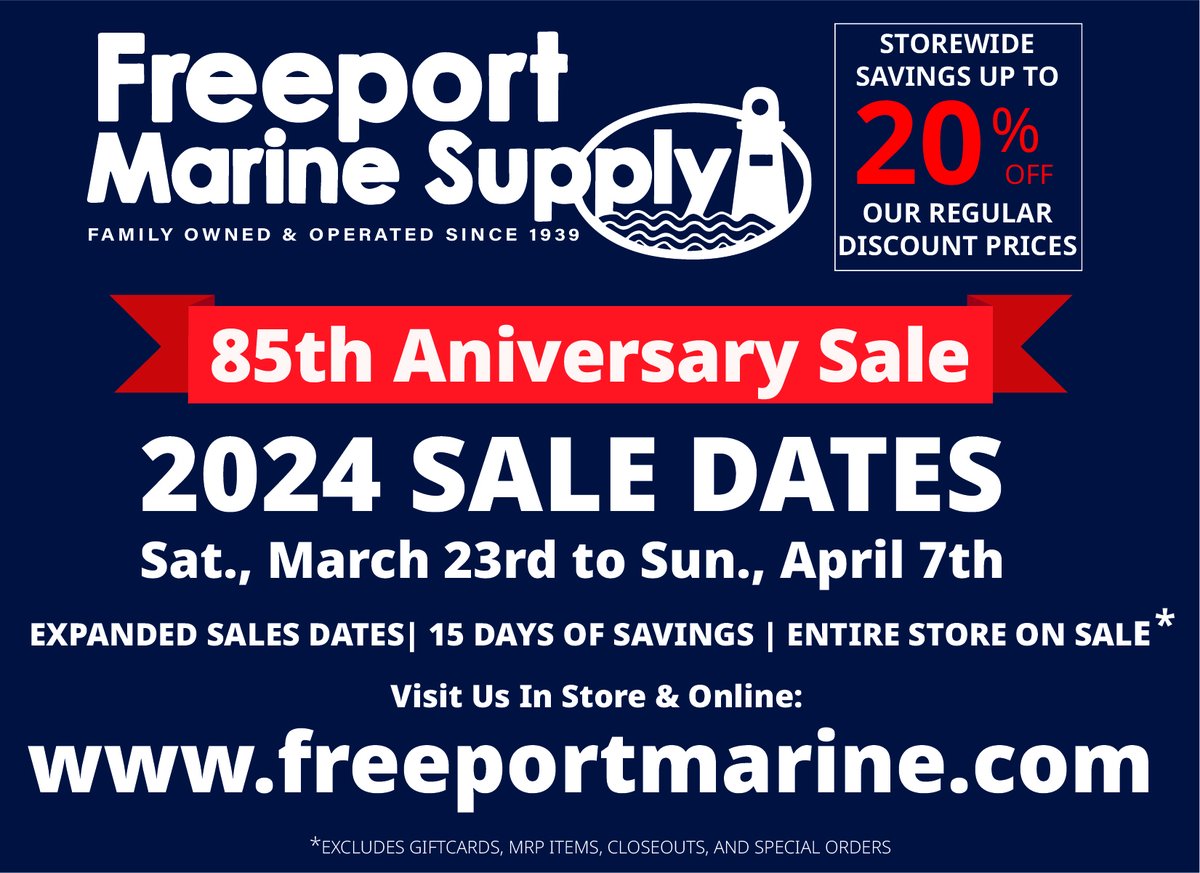 FreeportMarine's tweet photo. 📷 Save the date for our Spring Sale, happening from March 23rd to April 7th!

As we gear up for this exciting event, we'll be sharing sneak peeks of our sale specials and prices on our social media pages. Make sure to follow us and stay tuned for all the latest updates. https://t.co/ftiUUOTcSu