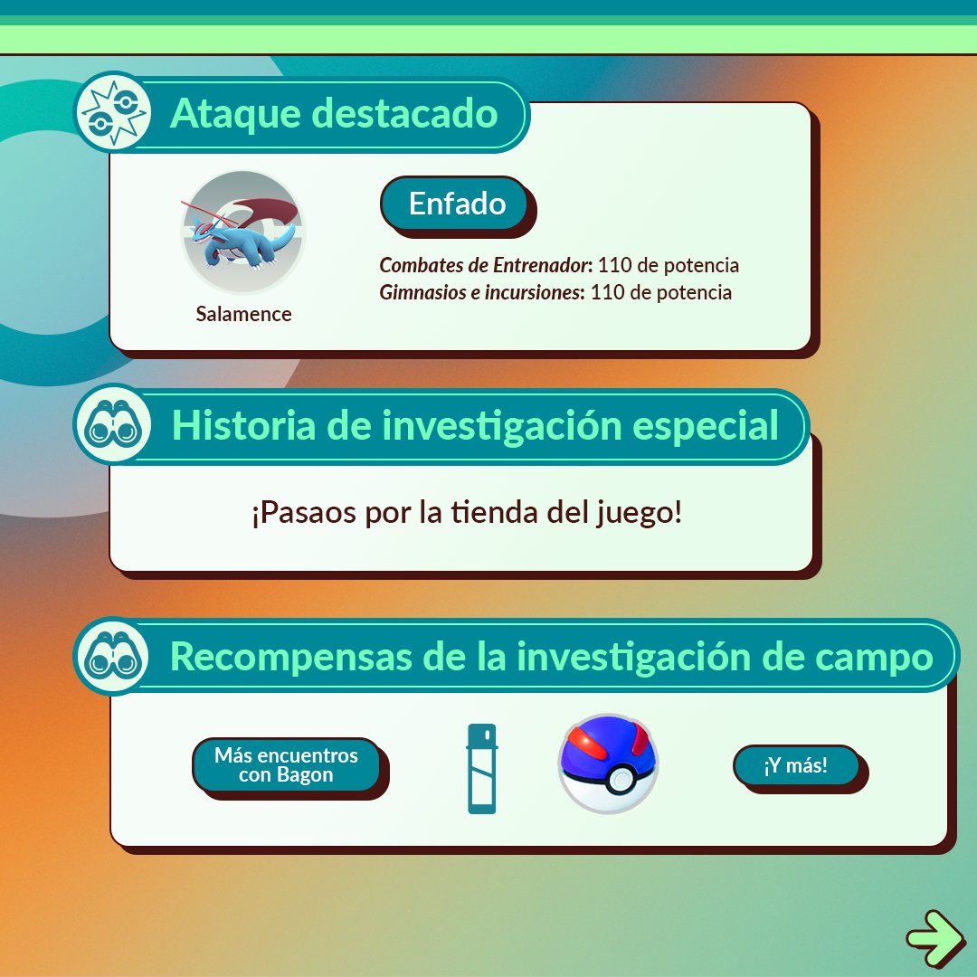 Día de la Comunidad Clásico: Bagon🐲

📆Domingo 7 de abril
⏰De 14:00 a 17:00 hrs
✨Bagon variocolor
🐉Salamence aprenderá Enfado
🔍 Investigación especial
✔️3X de experiencia por captura
📍3 hrs de módulo cebo
📸 Sorpresa en la #GOSnapShot

Más inf 👉

#PokemonGO #CommunityDay