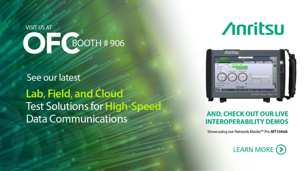 Anritsu's tweet photo. During #OFC24 next week, #Anritsu participate in #EthernetAlliance's live multi-vendor interoperability demonstrations showcasing the #NetworkMasterPro MT1040A with #400G ZR, #OpenZR+ and dual #400GbE.

Learn more: https://t.co/wh7gQ8SUAv

@ofcconference @EthernetAllianc #400GZR https://t.co/9HgdOWv06y