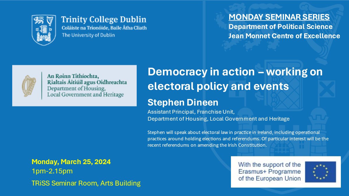 The Department looks forward to welcoming Stephen Dineen for next week's Monday seminar: tcd.ie/Political_Scie…… @thenoahbuckley @TCD_AHSS @TCD_SSP @tcdeconomics @TCDsociology @TCDphilosophy @ceph_ie @HistoryTcd @TCDLawSchool @ReligionTCD @psaitweets